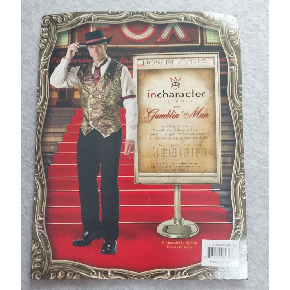 InCharacter Gamblin Man Western Saloon Costume Men XL  Never Opened Complete
